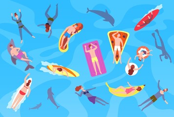 People floating in sea. Man and woman swimmer summer ocean or pool, swim diving float surf board playing above water, seaside vacation time top view, splendid vector illustration
