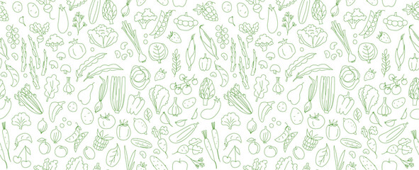 Seamless background pattern of organic farm fresh fruits and vegetables