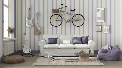 Scandinavian living room in white and purple tones, striped wallpaper, sofa, bicycle and musical instruments hanging on the wall, table, carpet and decors. Modern interior design
