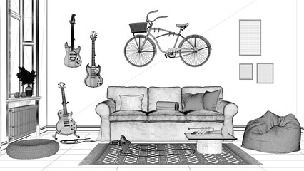 Blueprint project draft, scandinavian living room, striped wallpaper, sofa, bicycle and musical instruments hanging on the wall, table, carpet and decors. Modern interior design