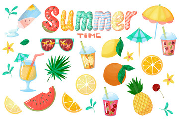 set of summer treats. Fruit cocktail or smoothie in cartoon style. Takeaway drinks. Vector illustration isolated on white background.