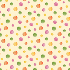 Watercolor dots seamless pattern. Red, green, pink polka dot repeated tile on light yellow background. Bright colorful confetti spot ornament. Round paint shapes design for birthday, party, wrapping