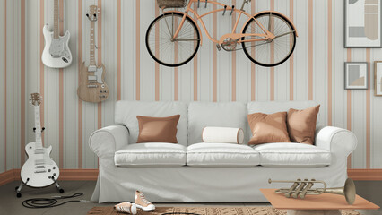 Contemporary living room in white and orange tones, striped wallpaper, sofa, bicycle and musical instruments hanging on the wall, floor tiles, carpet and table. Modern interior design
