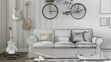 Architect interior designer concept: hand-drawn draft unfinished project that becomes real, living room, wallpaper, sofa, bicycle and musical instruments, floor tiles, carpet, table