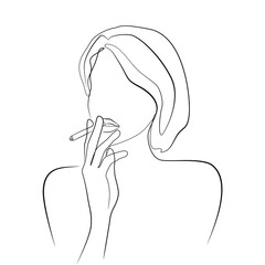 Woman with a cigarette in her mouth one line drawing on white isolated background 