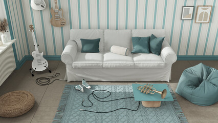 Cozy living room in white and blue tones, striped wallpaper, sofa, bicycle and musical instruments hanging on the wall, carpet and table. Top view, above. Modern interior design