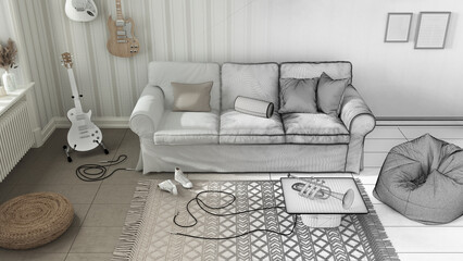 Architect interior designer concept: hand-drawn draft unfinished project that becomes real, living room, striped wallpaper, sofa, musical instruments, carpet, table. Top view, above