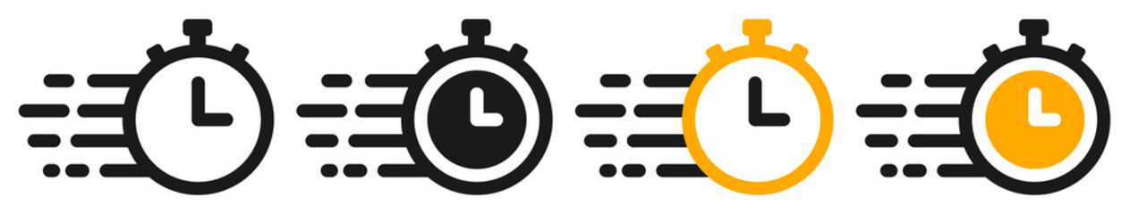 Set of fast delivery icons. Timer icons, fast stopwatch symbol, fast deadline, quick time signs. Fast delivery with timer icons. Vector set.