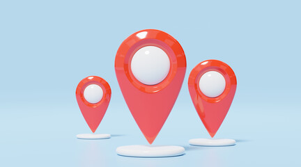 3d Red location map pin with white bubble icon. 3 Plastic realistic GPS navigator checking points on blue background. Mark for destination. Cartoon 3d icon minimal style. 3d render illustration.