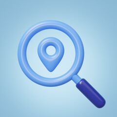 3D location map search icon. Magnifying glass, GPS navigator pin isolated on blue background. Search, find, discovery, research concept. Business cartoon icon minimal style. 3d render illustration.