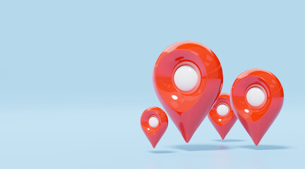 3d GPS navigator icon. Red location map pin with white bubble for destination. 4 Plastic realistic checking points on blue copy space background. Cartoon 3d icon minimal style. 3d render illustration.
