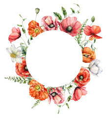 Watercolor meadow flowers circle frame of poppy, chamomile and leaves. Hand painted floral card of wildflowers isolated on white background. Holiday Illustration for design, print, background.