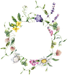 Watercolor meadow flowers circle frame of campanula, carnation and chamomile. Hand painted floral card of wildflowers isolated on white background. Holiday Illustration for design, print, background.