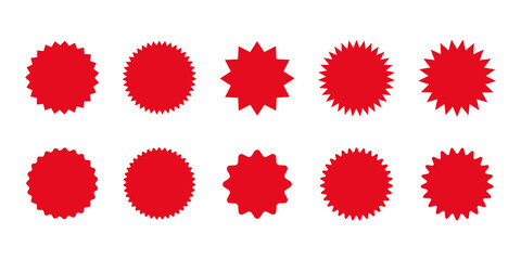 Red tag. Starburst sale sticker. Price tag label. Star burst vector round sign. Promo red sticker button.