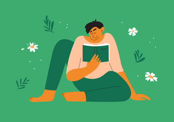 Young man reads outdoors. Male character relaxing in nature with book in hand. Guy sitting on green lawn with flowers reading poetry or story. Leisure, self care, rest. Book club vector illustration - obrazy, fototapety, plakaty
