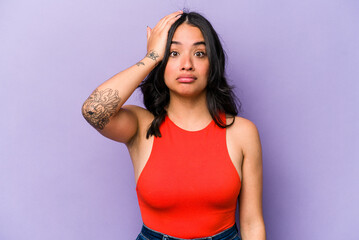 Young hispanic woman isolated on purple background being shocked, she has remembered important...