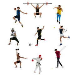 Sport collage of different professional sportsmen, young people in action and motion isolated on...