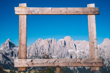 Naklejka premium Scenery nature landscape of high rock mountains. Peaceful atmosphere and ideal environment for travel. Beautiful Dolomites peaks view from observation viewpoint