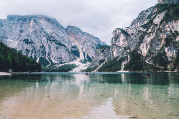 Lago di Braies in Italy, beautiful view of scenery nature landscape. Peaceful nature background