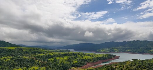 Fototapeta premium panorama of the river, mountain, sky