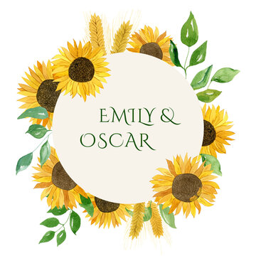 Watercolor wedding invitation, greeting card with sunflowers.
