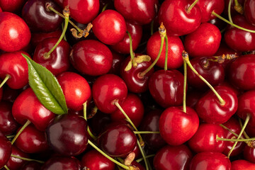 Sweet red cherries close up. Top view.