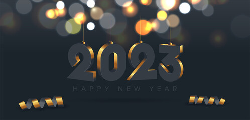 Happy New Year 2023. Hanging golden 3D numbers with ribbon on dark blue background