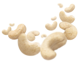 Flying cashew nuts, isolated on white background