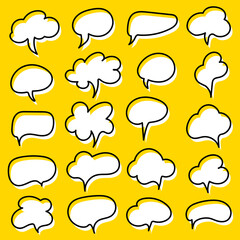 Set of comic black and white speech bubbles on yellow background. Vector illustration.