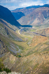 Mountain pass Katu-Yaryk with view on valley of the mountain river Chulyshman, Altai, Russia