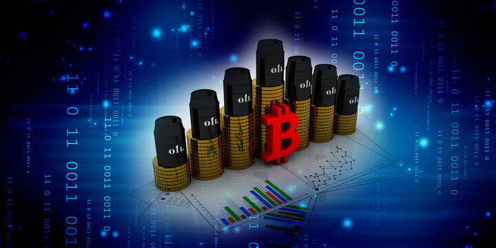 3d rendering bitcoin sign currency with oil tank