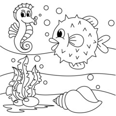 Cute fishes and seahorse swimming underwater cartoon coloring page illustration vector. For kids coloring book.
