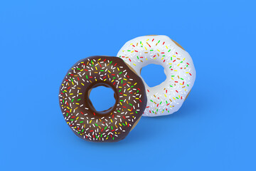 Pair of donuts on blue background. Homemade bakery. Break time. Sweet dessert. Fast food. 3d render