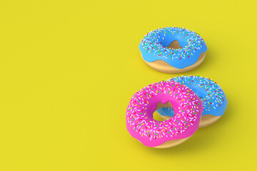 Strewn donuts on yellow background. Homemade bakery. Break time. Sweet dessert. Fast food. Copy space. 3d render
