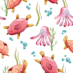 Watercolor turtle and octopus underwater nautical seamless pattern for fabric, print, textile...