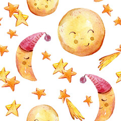 Watercolor nursery moon and stars seamless pattern for fabric, print, textile design, scrapbook paper, wrapping paper, wallpaper. Cute kids illustrations on white background
