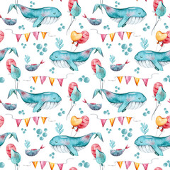 Watercolor whale and fish underwater nautical seamless pattern for fabric, print, textile design, scrapbook paper, wrapping paper, wallpaper. Hand painted cute nursery illustrations
