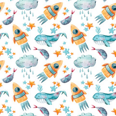 Watercolor spase and sky rocket  seamless pattern for fabric, print, textile design, scrapbook paper, wrapping paper, wallpaper. Hand painted cute nursery illustrations