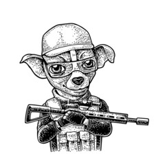 Dog soldier holds submachine gun. Vector hand drawn black vintage engraving.