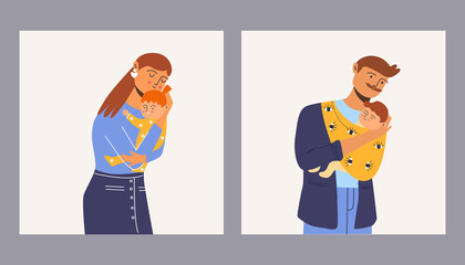 A young mother holds her daughter in her arms. The father holds his son in a sling. Vector illustration.