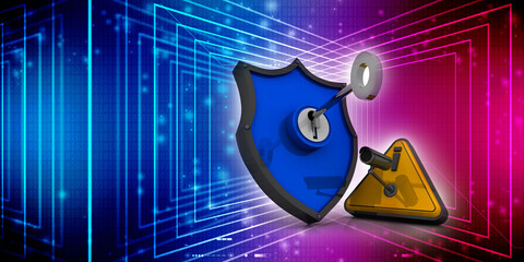 3d illustration Security concept - shield protection key under cctv camera