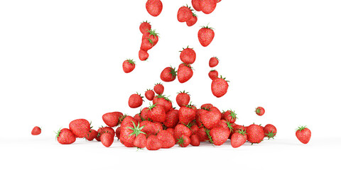 Heap of Strawberries falling on white background