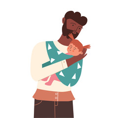A happy young father holds his daughter in a sling. Vector illustration.