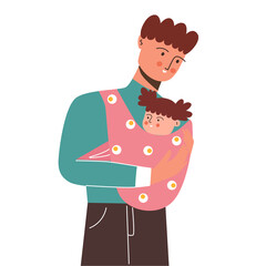 Happy father with daughter. The father is holding his daughter in a sling. Vector illustration in cartoon style.