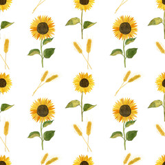 Seamless pattern with sunflowers and spikelets of wheat. Watercolor illustration.
