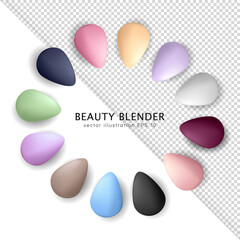 Realistic colorful three dimensional makeup sponges isolated on white and transparent background. Colorful beauty blenders in circle. Cosmetic items for blending foundation, concealer, blush, etc. 