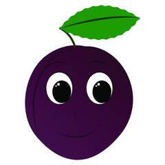 Happy smiling plum character. Cheerful purple plum. Print for a T-shirt. Vector illustration