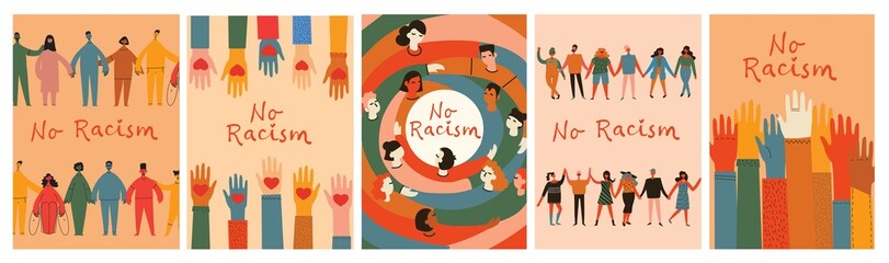 No racism. Characters of different nationalities are hugging, a poster with the phrase no racism. Text message to protest. Demonstration of solidarity, unity and love.