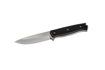Modern hunting knife with silver blade and rubber handle. Steel arms. Isolate on a white back