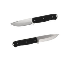 Modern hunting knife with silver blade and rubber handle. Steel arms. Isolate on a white back